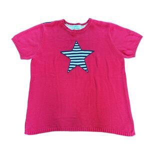 VTG Quacker Factory L / XL Sweater Knit Shirt USA Flag Short Sleeve Grandma‎